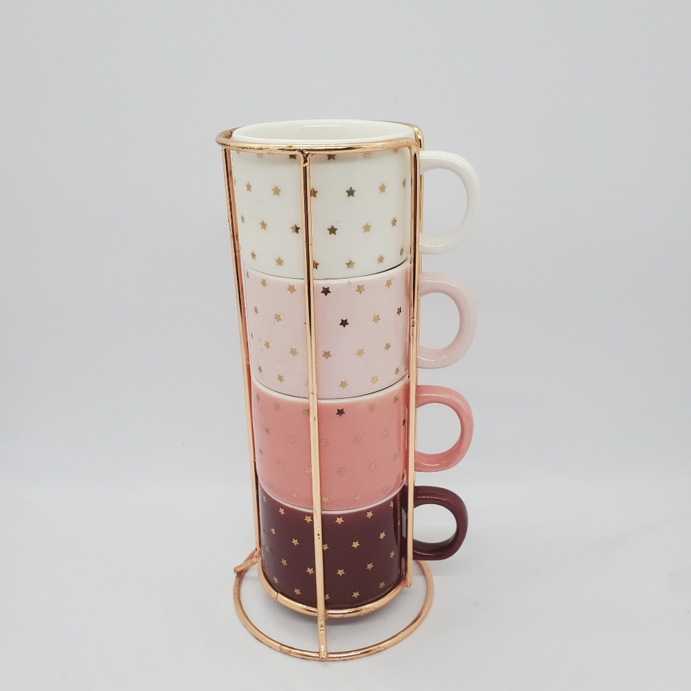 Coco + Lola Stackable Espresso Cup Set Gold Stars Pink Palette with holder